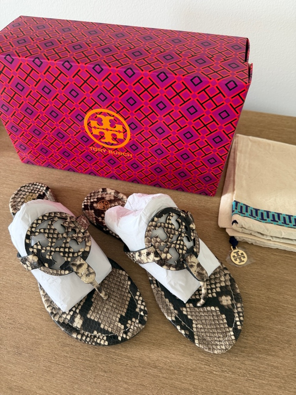 Tory Burch Snake-Print Miller Thong Sandals in Warm Rocco’s